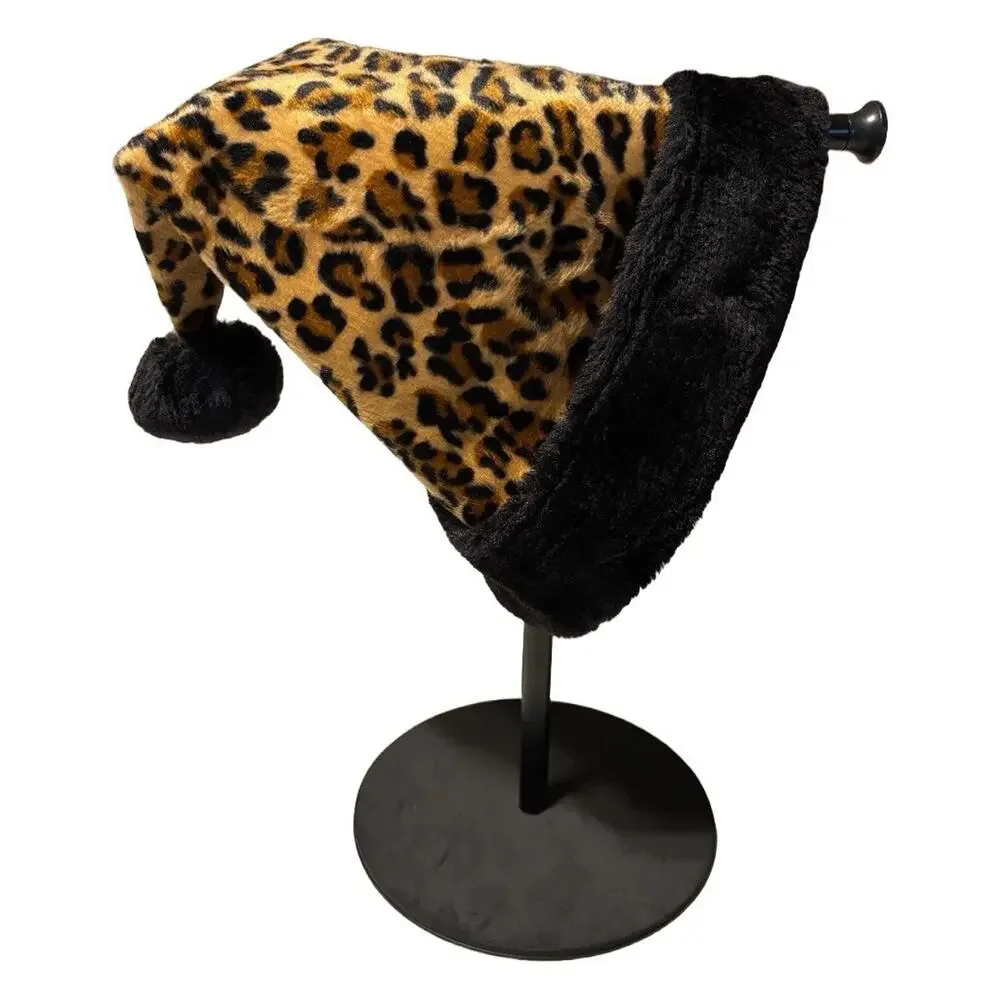 Dan Dee Leopard Print Santa Hat Faux Fur Trim Pom Pom Holiday Christmas Cap